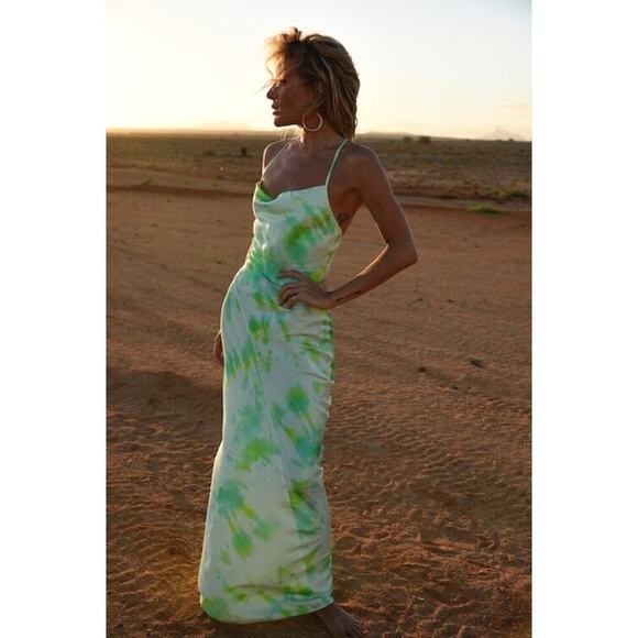Rat & Boa Juniper Cowl Neck Silk Maxi Gown/Dress Neon Green/White Size XXS - Picture 10 of 10